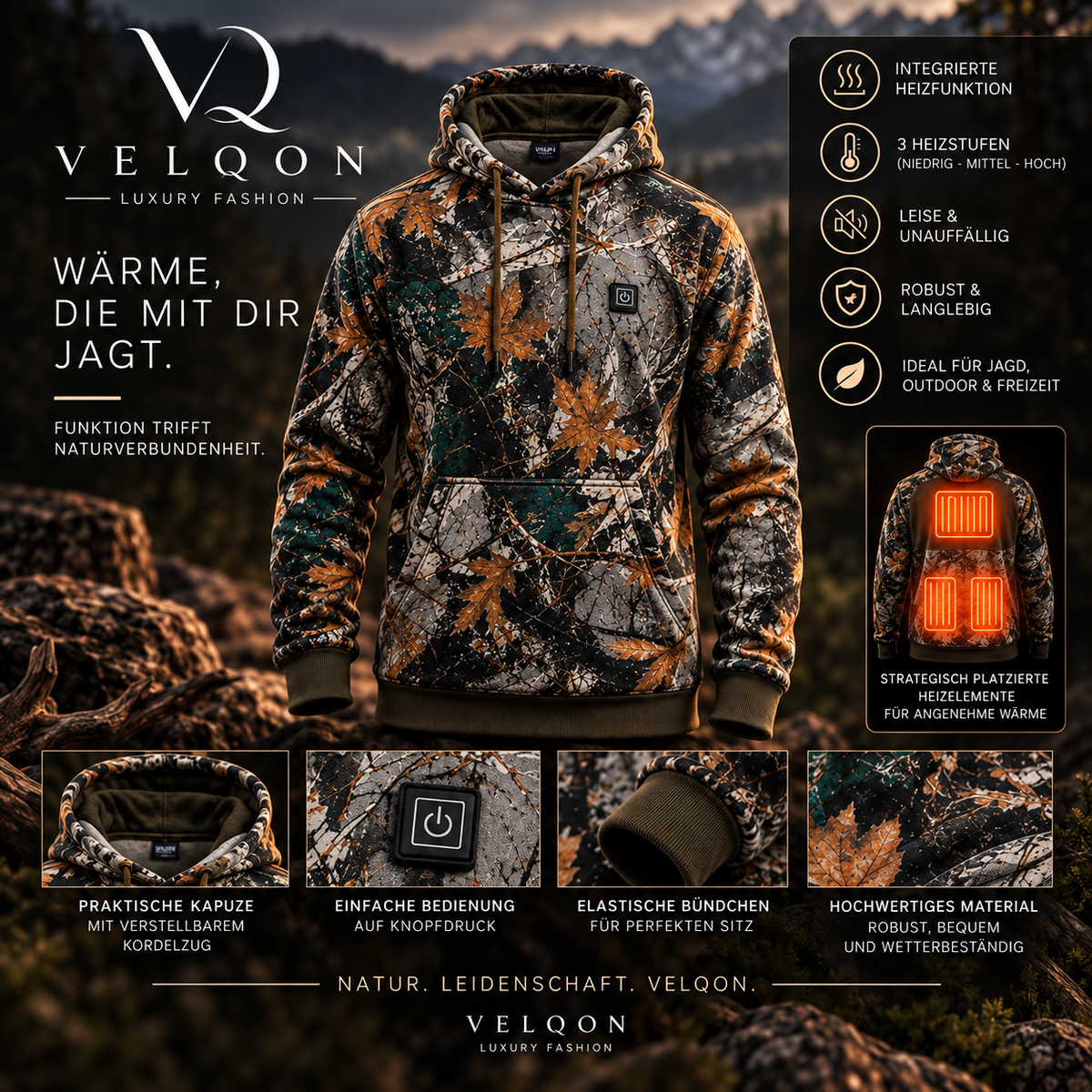 VELQON | Heated Camo Hoodie UNISEX – Premium beheizbarer Woodland Camo Hoodie