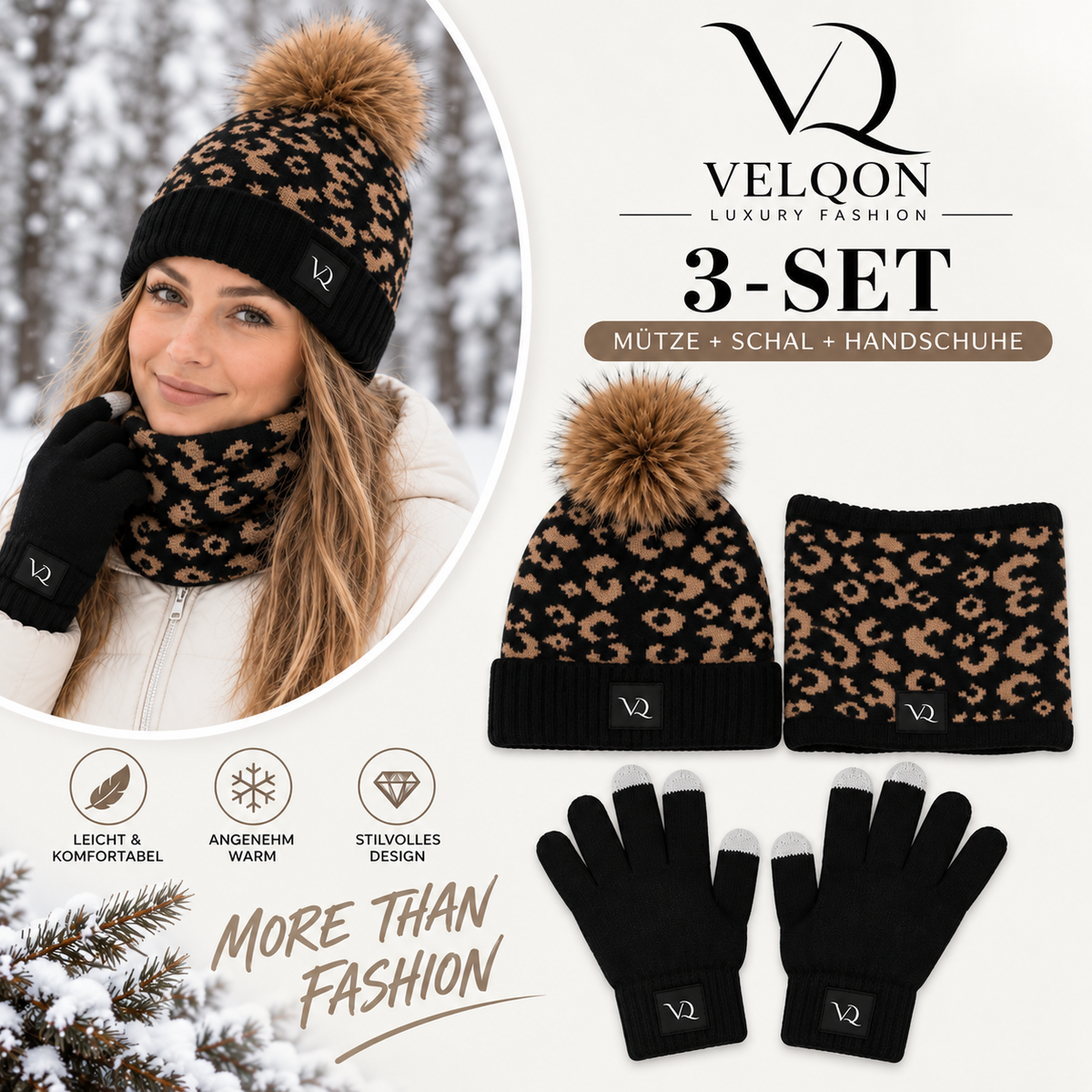 VELQON | Winter 3-Set – Mütze, Schal & Handschuhe