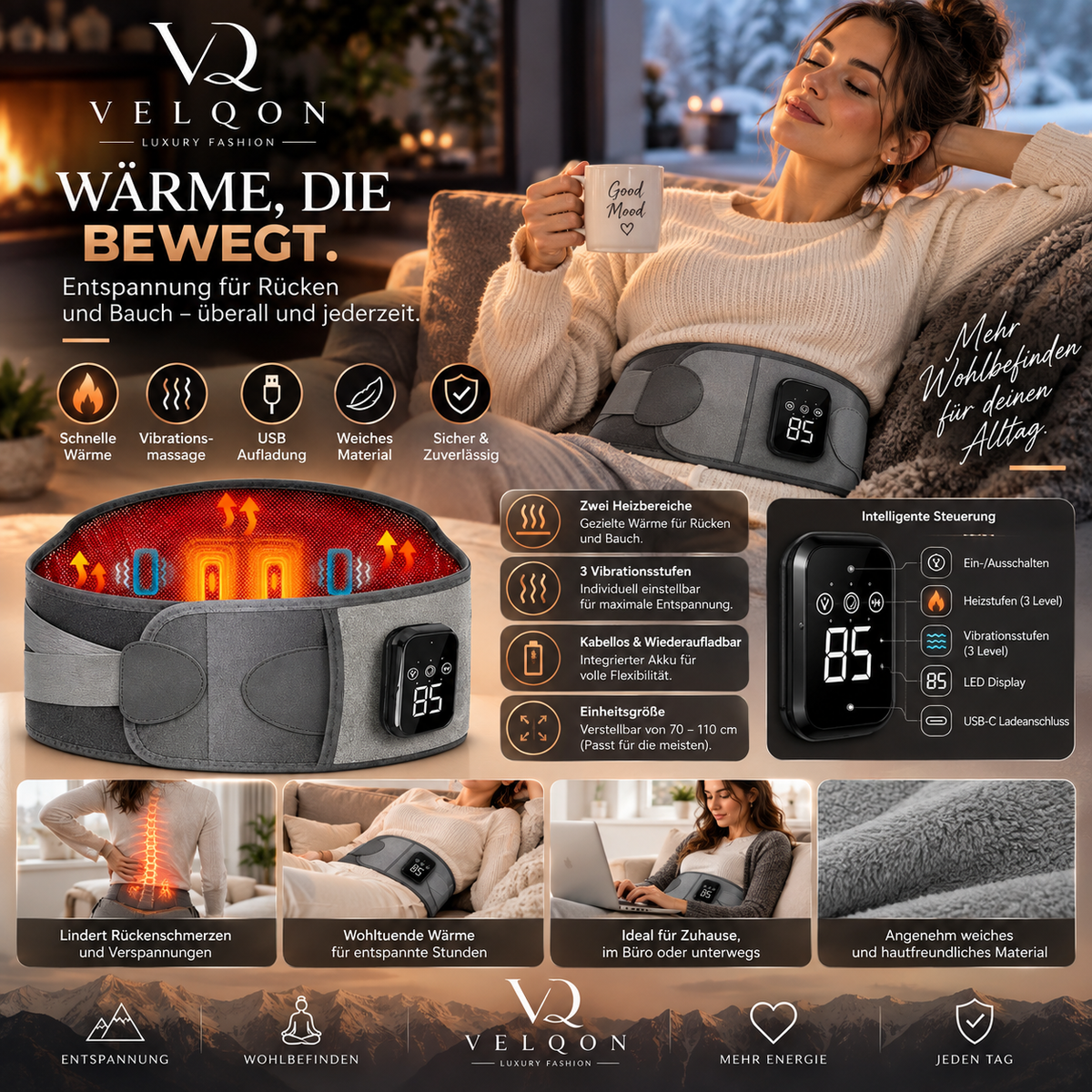 VELQON | Premium Lendenwirbelgurt mit Wärme & Massagefunktion